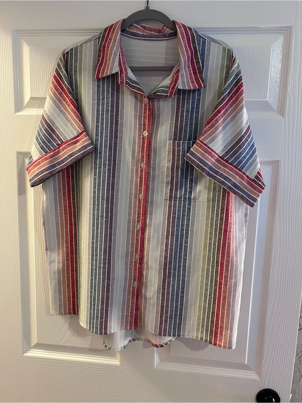 Women's Short-Sleeve Button-Up Shirt in Multi-Stripe